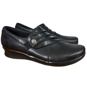 Clarks Hope Roxanne Womens Black Leather Comfort Shoes Low Wedge Loafers sz 9